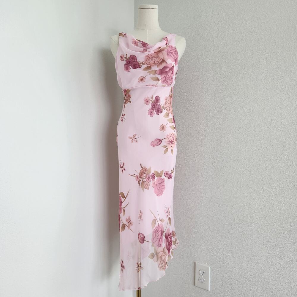 Y2K Pink Floral Cowl Neck Asymmetrical Midi Dress Empire Waist Fairy XS S